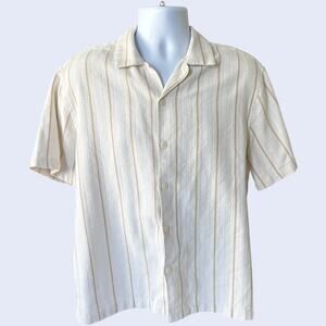 Denim & Flower Ricky Singh Striped Linen Blend Button Up Shirt Medium Beige
